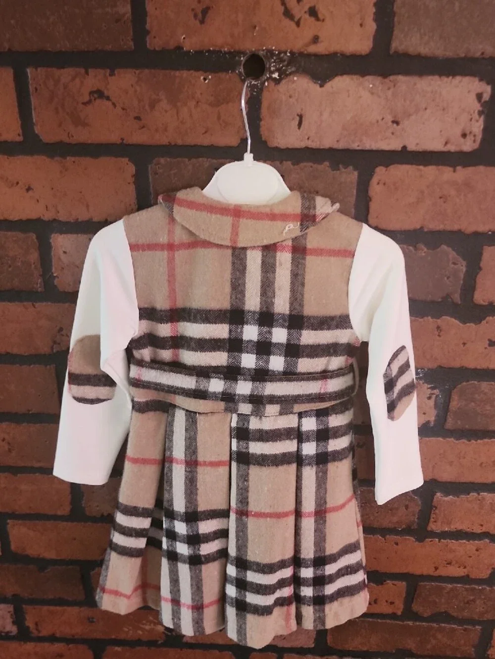 Girls Beige Plaid Dress with White Long Sleeves